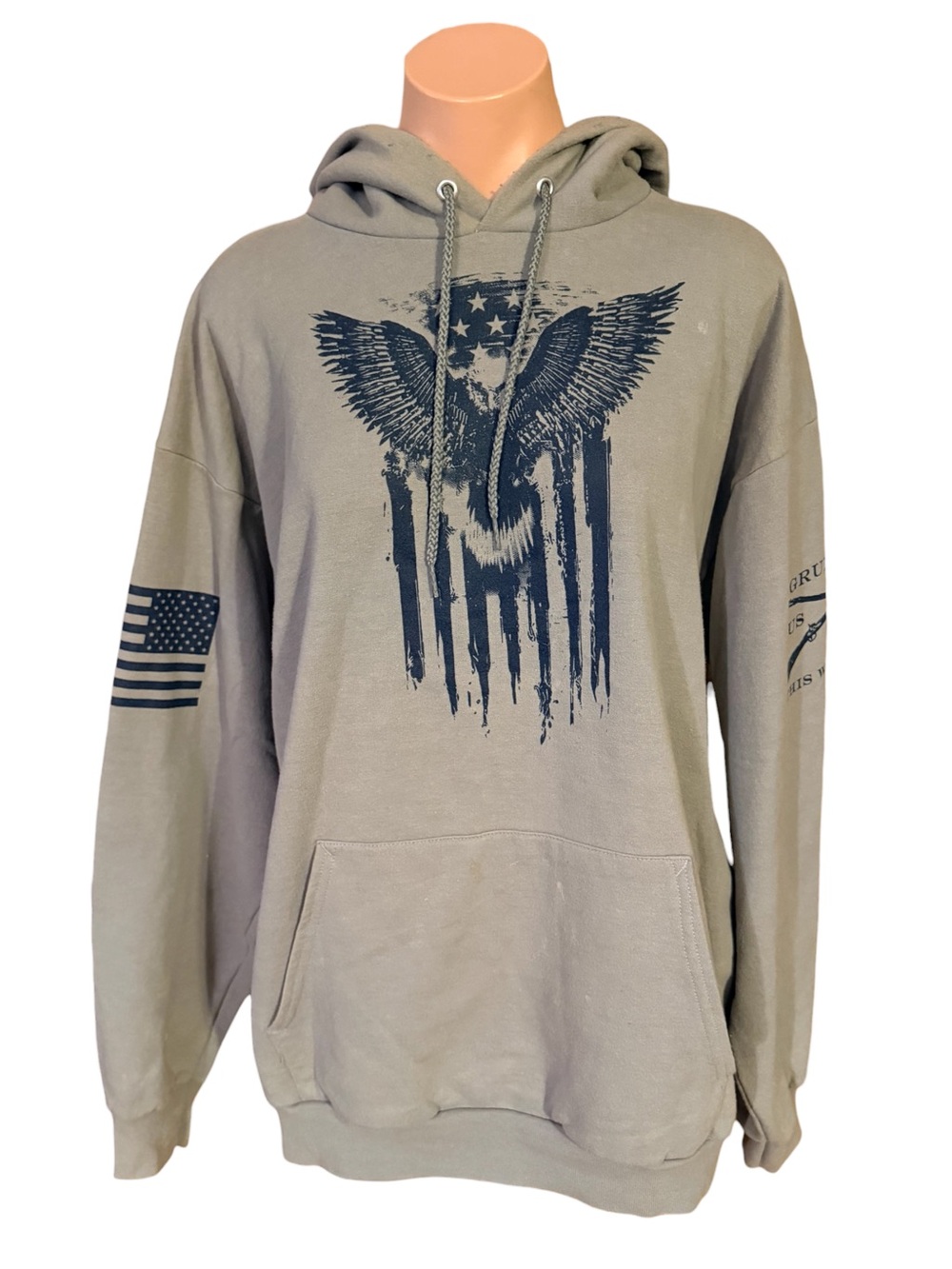 Grunt Style Mens Large Tan American Flag Eagle Hoodie Patriotic Pullover Sweater